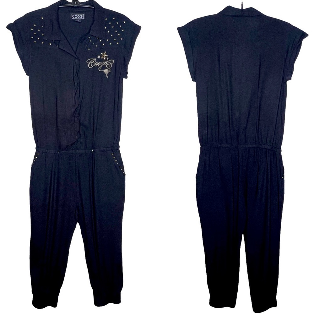 Y2K Coogi Black Gold Studded Sleeveless Snap Up Jump Suit Romper Pockets 12 14
